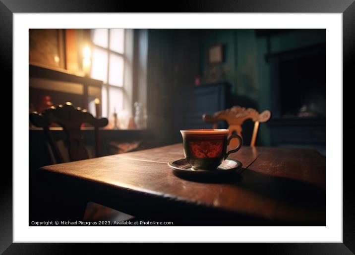 A steaming cup of tea on a table in a cosy old room created with Framed Mounted Print by Michael Piepgras