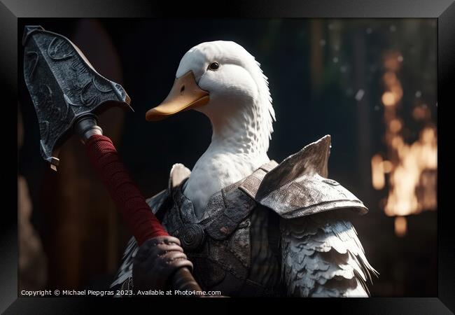 A white duck as a barbarian with a big axe and shining armour cr Framed Print by Michael Piepgras
