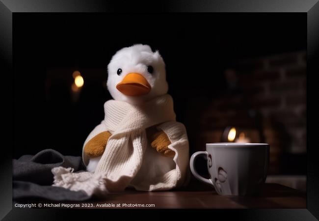 A white duck wearing a scarf and having a coffee created with ge Framed Print by Michael Piepgras
