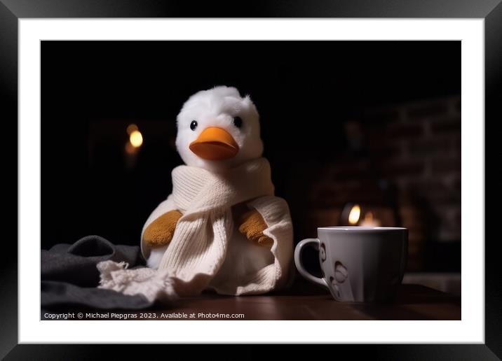 A white duck wearing a scarf and having a coffee created with ge Framed Mounted Print by Michael Piepgras