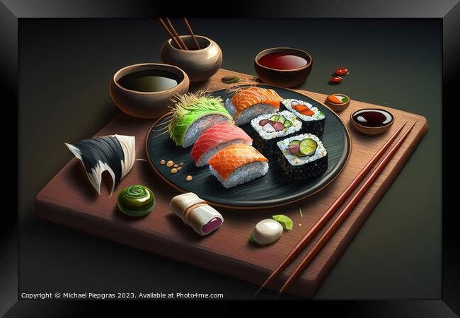 Very tasty sushi served on a dark wooden plate with chopsticks a Framed Print by Michael Piepgras