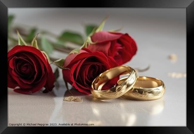 Two wedding rings made of gold on a light surface with some rose Framed Print by Michael Piepgras