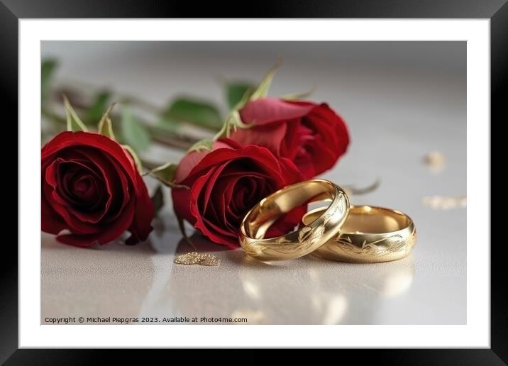 Two wedding rings made of gold on a light surface with some rose Framed Mounted Print by Michael Piepgras
