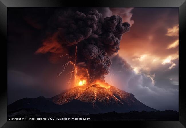A big volcano erupts with a dark ash cloud in the sky with light Framed Print by Michael Piepgras