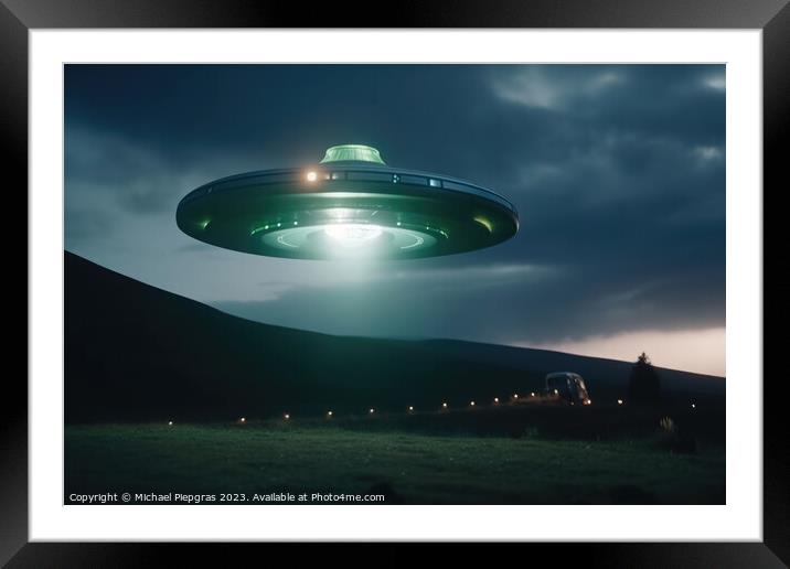 A close up view of a UFO with a spotlight pointed at the bottom  Framed Mounted Print by Michael Piepgras