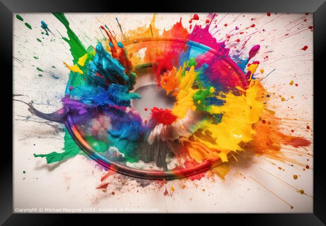 A color Wheel with goethe colors exploding in colorful powder on Framed Print by Michael Piepgras