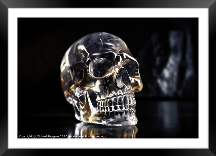 A crystal skull in a dark cave created with generative AI techno Framed Mounted Print by Michael Piepgras