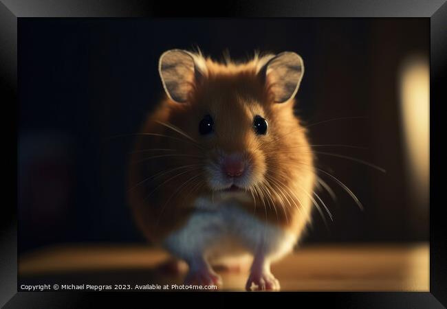 A cute hamster stands upright and looks excitedly into the camer Framed Print by Michael Piepgras