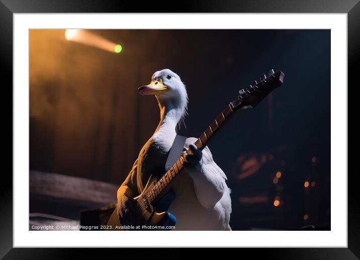 A duck plays rock music on an electric guitar with its wing on a Framed Mounted Print by Michael Piepgras
