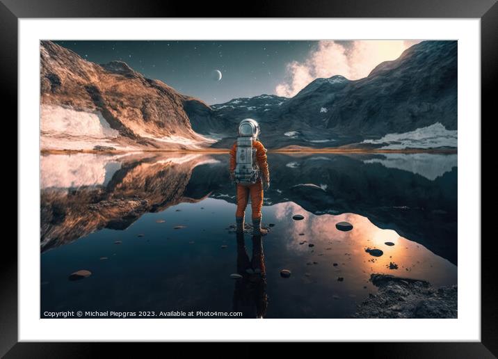 A female astronaut stands by a lake and looks at the stars creat Framed Mounted Print by Michael Piepgras