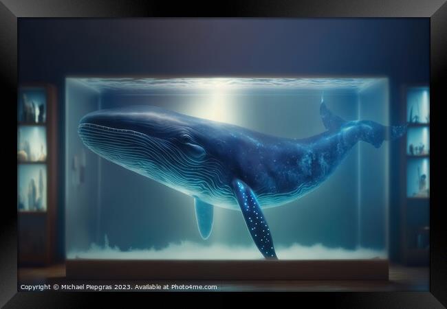 A shape of a blue whale floats as a hologram in a laboratory cre Framed Print by Michael Piepgras