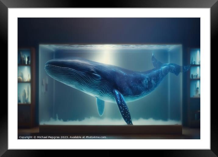 A shape of a blue whale floats as a hologram in a laboratory cre Framed Mounted Print by Michael Piepgras