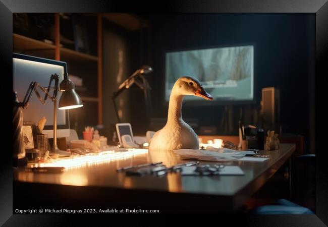 A goose with white feathers works hard at a desk in the office c Framed Print by Michael Piepgras