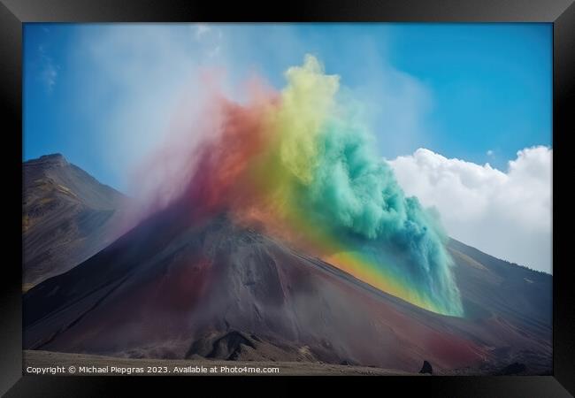 A huge volcano seen from far away erupting rainbow colored colou Framed Print by Michael Piepgras