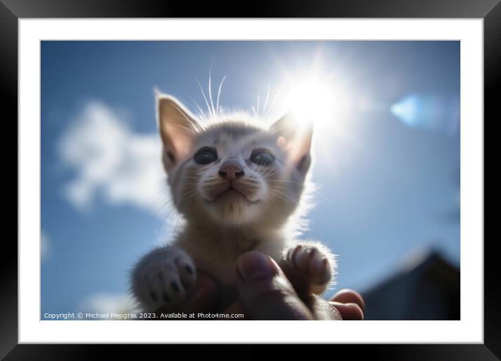 A human hand holds a small kitten in the air sunlight from the f Framed Mounted Print by Michael Piepgras
