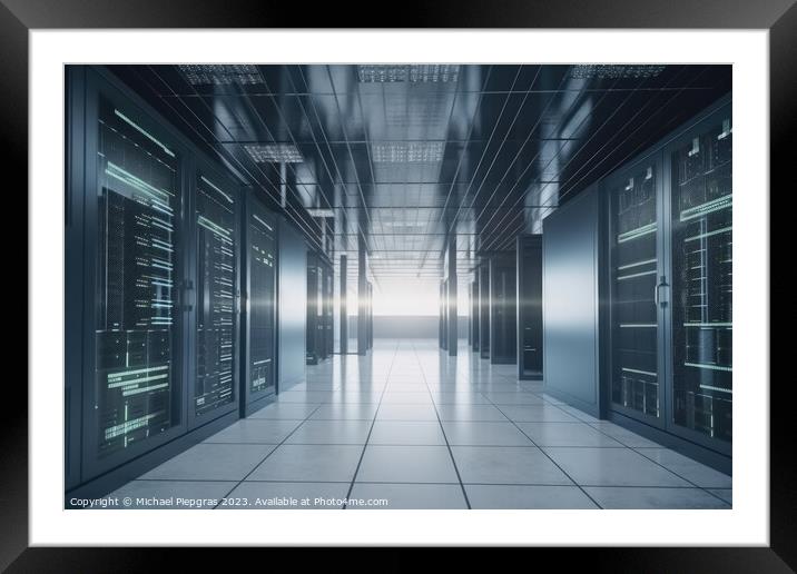 A large data centre with many computer racks in bright light cre Framed Mounted Print by Michael Piepgras