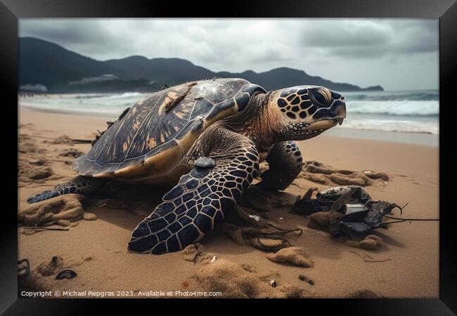 A large turtle drags itself onto a beach created with generative Framed Print by Michael Piepgras