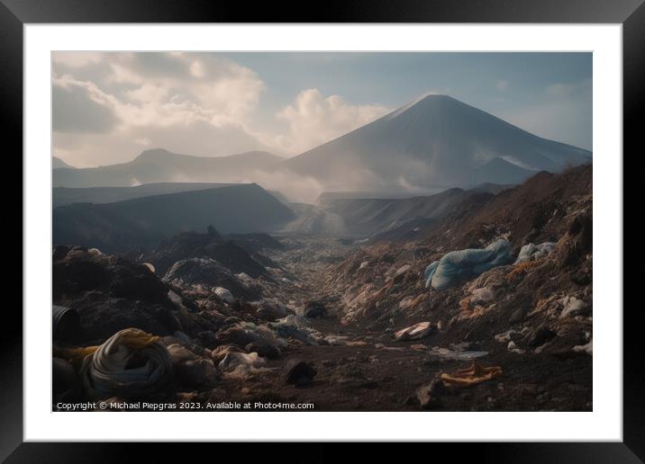 A large volcano and a huge amount of plastic waste on the landsc Framed Mounted Print by Michael Piepgras