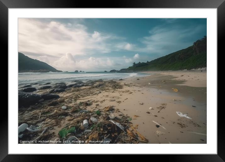 A lot of plastic waste on a tropical dream beach created with ge Framed Mounted Print by Michael Piepgras