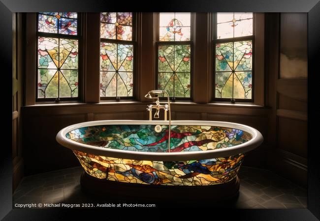 A stained glass bathtub created with generative AI technology. Framed Print by Michael Piepgras