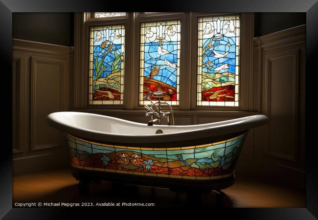 A stained glass bathtub created with generative AI technology. Framed Print by Michael Piepgras