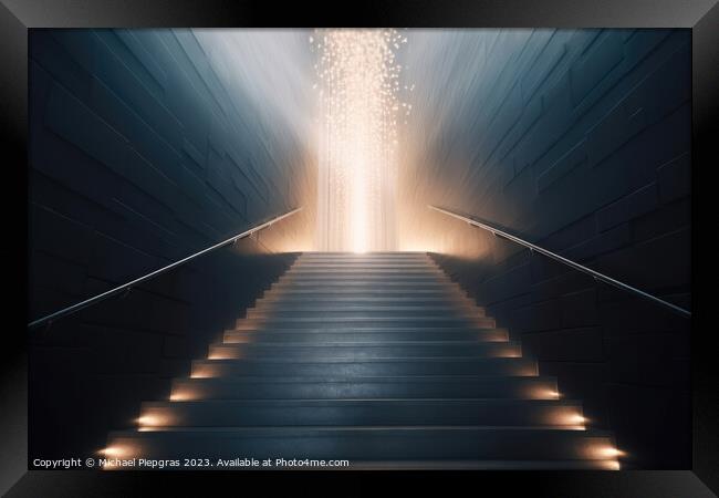 A staircase straight to heaven created with generative AI techno Framed Print by Michael Piepgras