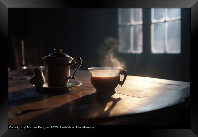 A steaming cup of tea on a table in a cosy old room created with Framed Print by Michael Piepgras