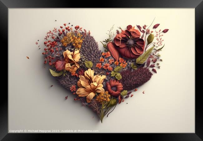 A Valentines Day Heart made of Flowers on a light background cre Framed Print by Michael Piepgras