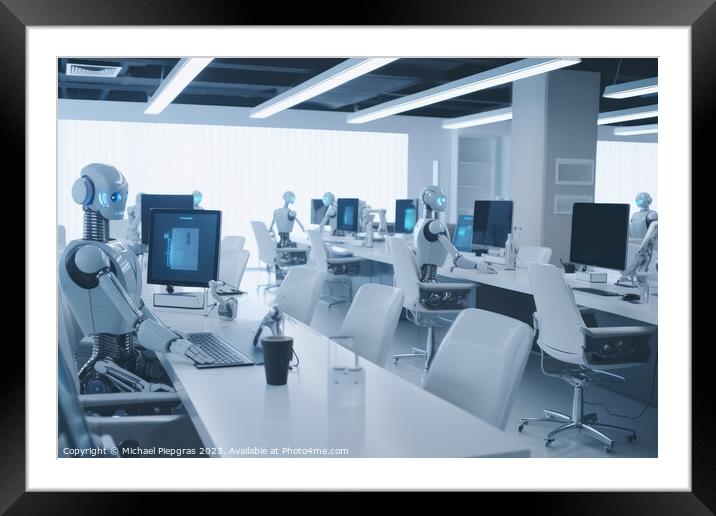 AI robots sitting at work in the open-plan office of a call cent Framed Mounted Print by Michael Piepgras