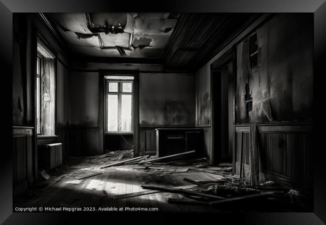 An abandoned House viewed from a room inside created with genera Framed Print by Michael Piepgras