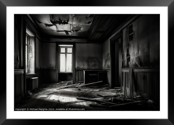 An abandoned House viewed from a room inside created with genera Framed Mounted Print by Michael Piepgras