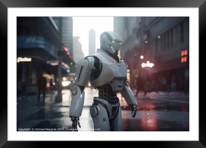 An AI robot in a busy street created with generative AI technolo Framed Mounted Print by Michael Piepgras