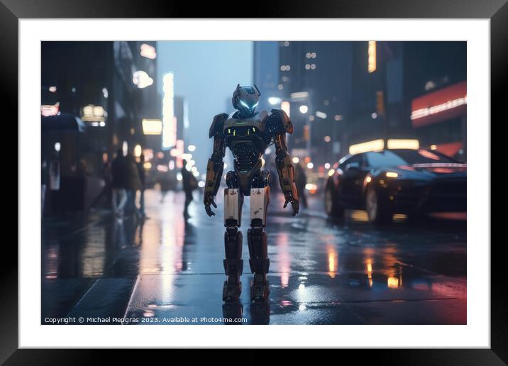 An AI robot in a busy street created with generative AI technolo Framed Mounted Print by Michael Piepgras
