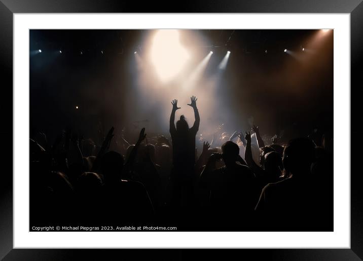 Black silhouette of a huge crowd of cheering people in front of  Framed Mounted Print by Michael Piepgras