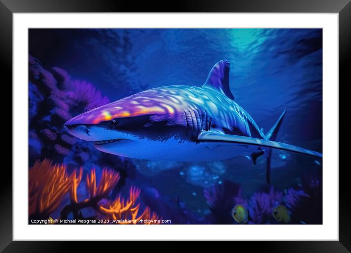 Blacklight Painting of a shark in the Ocean created with generat Framed Mounted Print by Michael Piepgras