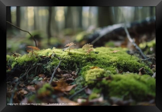 Close up view on a forest ground with a lot of moss and little b Framed Print by Michael Piepgras