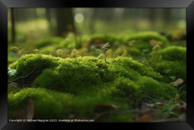 Close up view on a forest ground with a lot of moss and little b Framed Print by Michael Piepgras