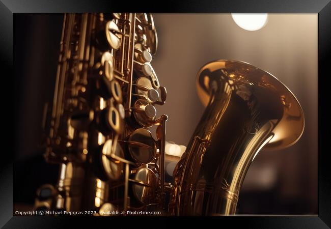Close-up of a saxophone with reflections and a soft bokeh of lig Framed Print by Michael Piepgras