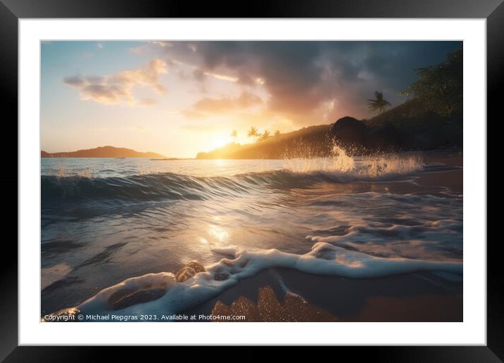 Dream beach at sunset in a tropical paradise created with genera Framed Mounted Print by Michael Piepgras