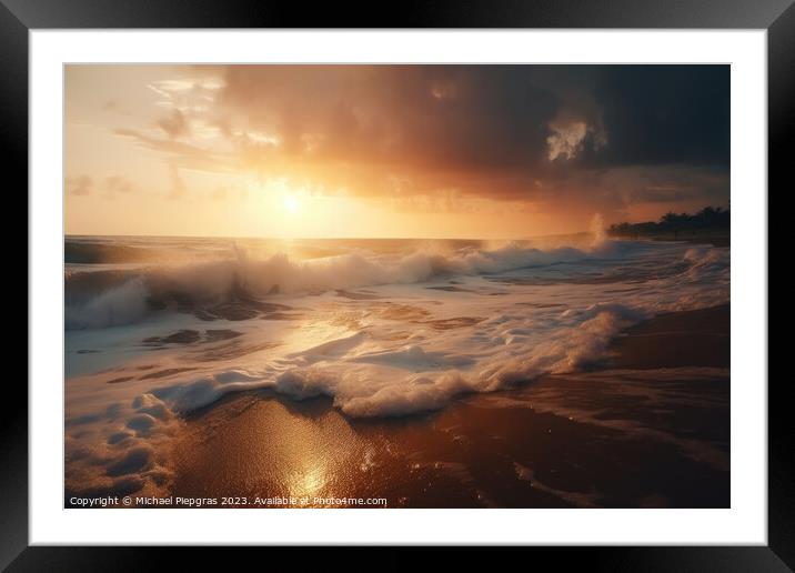 Dream beach at sunset in a tropical paradise created with genera Framed Mounted Print by Michael Piepgras