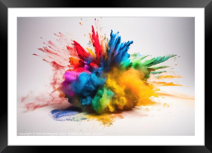 Exploding colors on a light background created with generative A Framed Mounted Print by Michael Piepgras