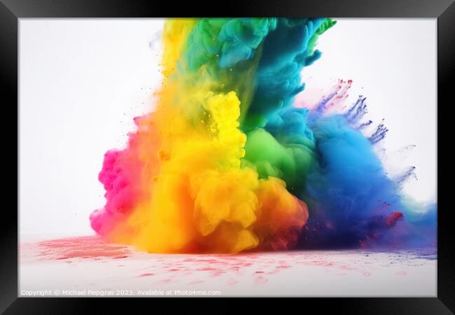 Exploding colour powder in rainbow colours on a white background Framed Print by Michael Piepgras