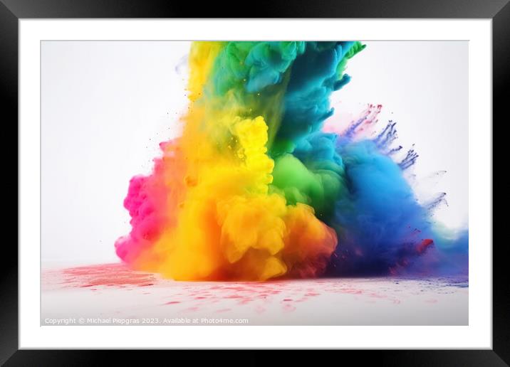 Exploding colour powder in rainbow colours on a white background Framed Mounted Print by Michael Piepgras