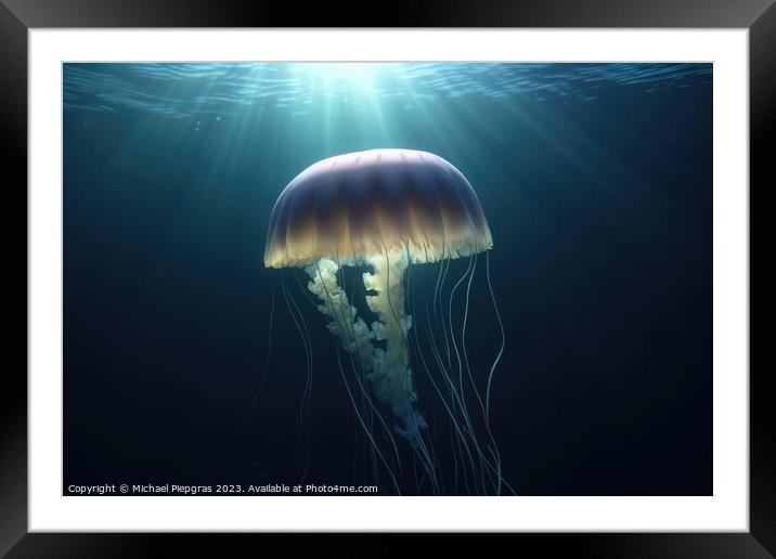 Realistic jellyfish in the depths of the ocean with lightbeams f Framed Mounted Print by Michael Piepgras