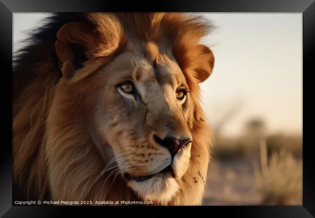 Portrait of a strong male lion with the African savanna in the b Framed Print by Michael Piepgras