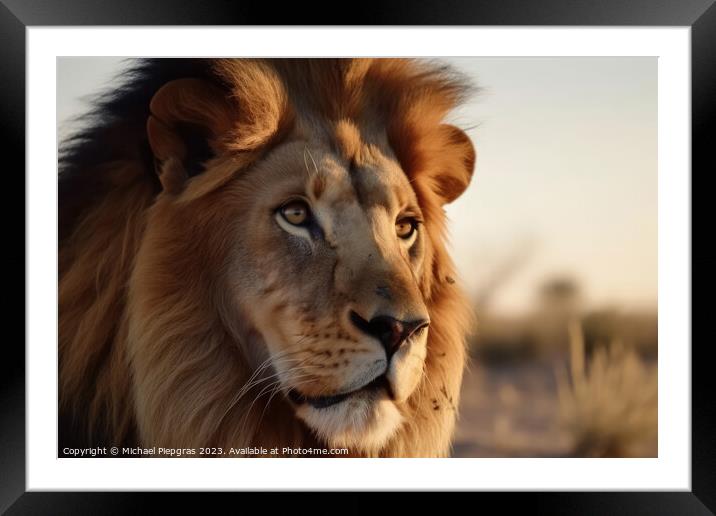 Portrait of a strong male lion with the African savanna in the b Framed Mounted Print by Michael Piepgras