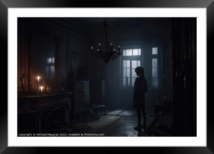 Spooky person in a dark room with some light created with genera Framed Mounted Print by Michael Piepgras