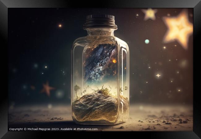The universe in a glass bottle created with generative AI techno Framed Print by Michael Piepgras