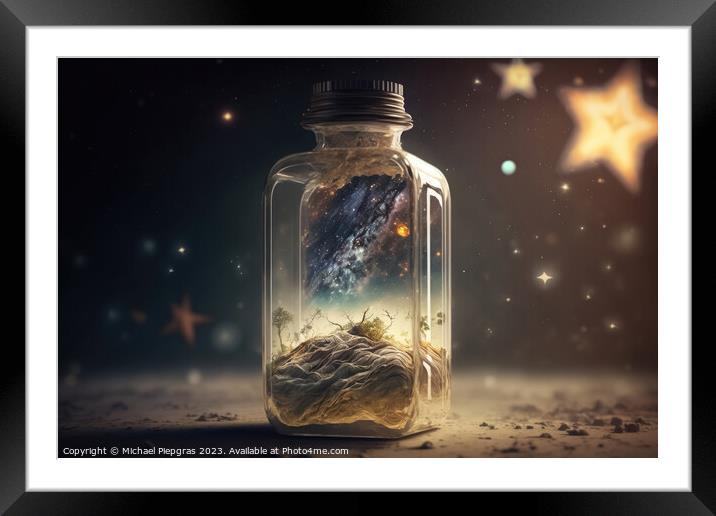 The universe in a glass bottle created with generative AI techno Framed Mounted Print by Michael Piepgras