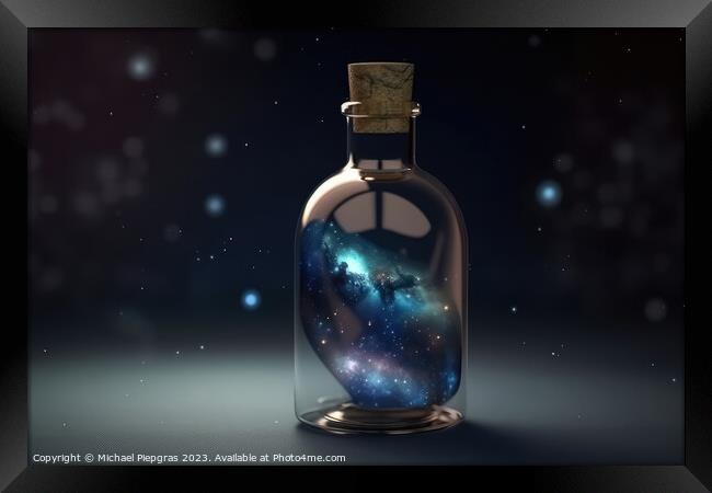 The universe in a glass bottle created with generative AI techno Framed Print by Michael Piepgras